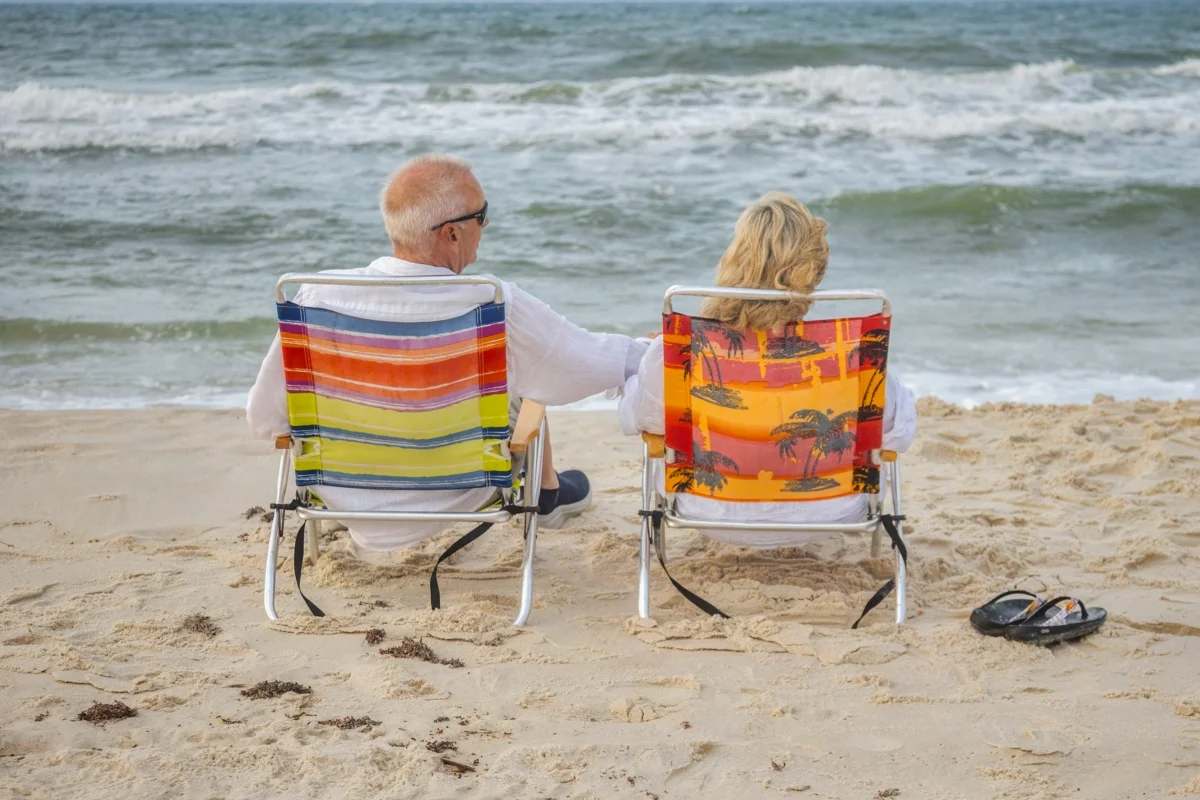 Orange beach photographer Sample Photos 1 People sitting in two chairs looking out at the ocean during an Orange Beach photo session.